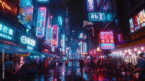 A vibrant cityscape illuminated by neon lights and bustling with nightlife, with crowds of people dining, dancing, and enjoying entertainment amidst the glowing signs and bustling streets.