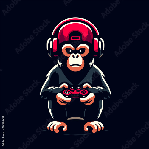 Chimpanzee as Gamer  Cute Character Mascot Logo Design Concept  Wearing Headphones and Hold Game Controller  Cartoon Clipart Vector illustration concept style for badge sport and esport team.