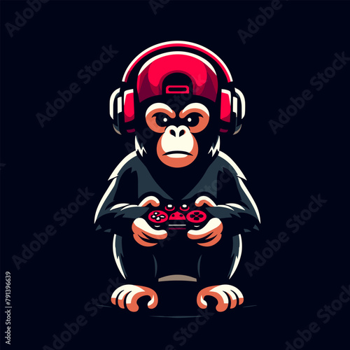 Chimpanzee as Gamer, Cute Character Mascot Logo Design Concept, Wearing Headphones and Hold Game Controller, Cartoon Clipart Vector illustration concept style for badge sport and esport team.