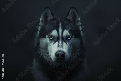 Portrait of a beautiful siberian husky dog on a dark background photo