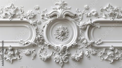 White ornamental plasterwork detail with floral pattern. photo