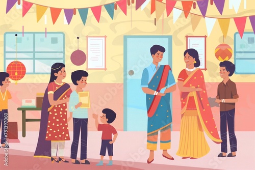 Illustration of an Indian family engaged in conversation and enjoying a festive community gathering with colorful decorations