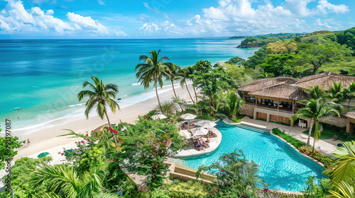 luxury resort oasis, with infinity pools overlooking crystal-clear waters, lush tropical gardens, and private cabanas on pristine white sand beaches holiday advertising