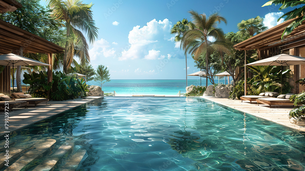 Fototapeta premium luxury resort oasis, with infinity pools overlooking crystal-clear waters, lush tropical gardens, and private cabanas on pristine white sand beaches holiday advertising