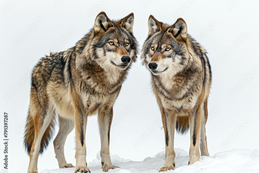 Two wolves standing on snow in front of white background, side view