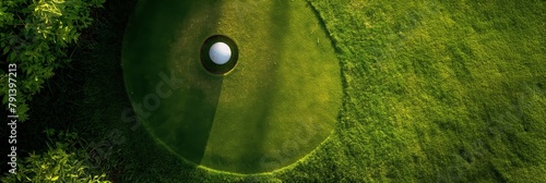 A close-up of a golf ball on the verge of dropping into the cup on a bright green golf course photo