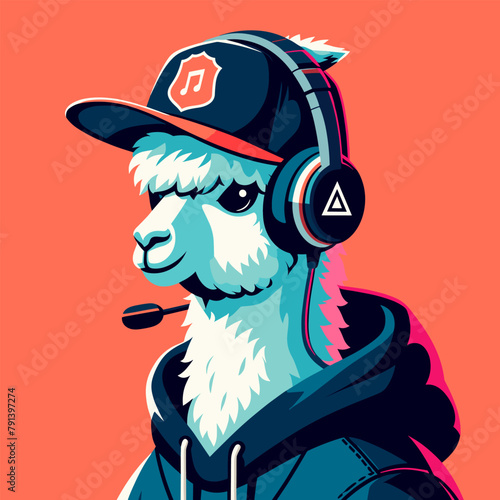 Alpaca as Gamer, Cute Character Mascot Logo Design Concept, Wearing Headphones and Hold Game Controller, Cartoon Clipart Vector illustration concept style for badge sport and esport team.