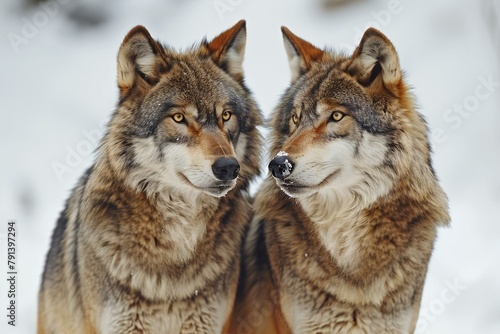 Two wolves in the winter forest, Portrait of a wolf