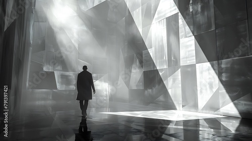 A man walks through a large, empty room with a lot of light shining on him