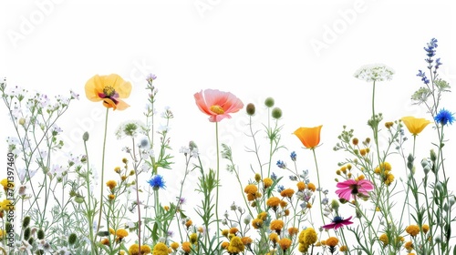 Assorted Pressed Flowers and Leaves Arranged on White Background. Flat lay view of colorful flowers and green leaves artistically arranged on a clean white background, perfect for crafting and decor.