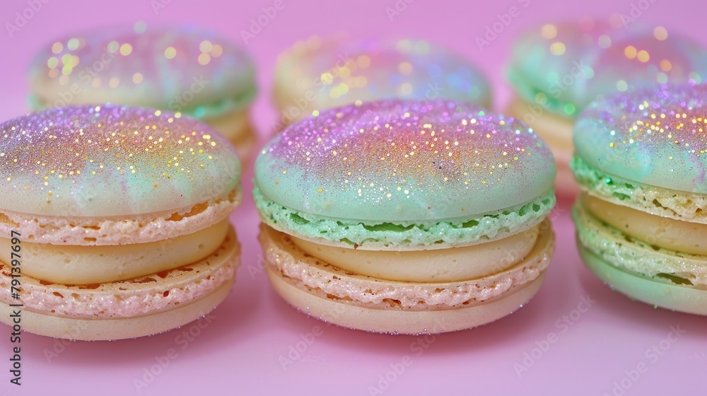 Sparkling Pastel Macarons on a Pink Background Sparkling Pastel Macarons on a Pink Background