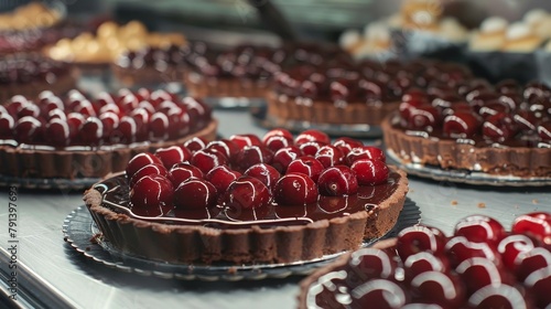 Close-up scene at a buffet, displaying chocolate cakes and cherry tarts in a bakery cabinet, with a focus on clean, polished surfaces and appetizing appearance photo