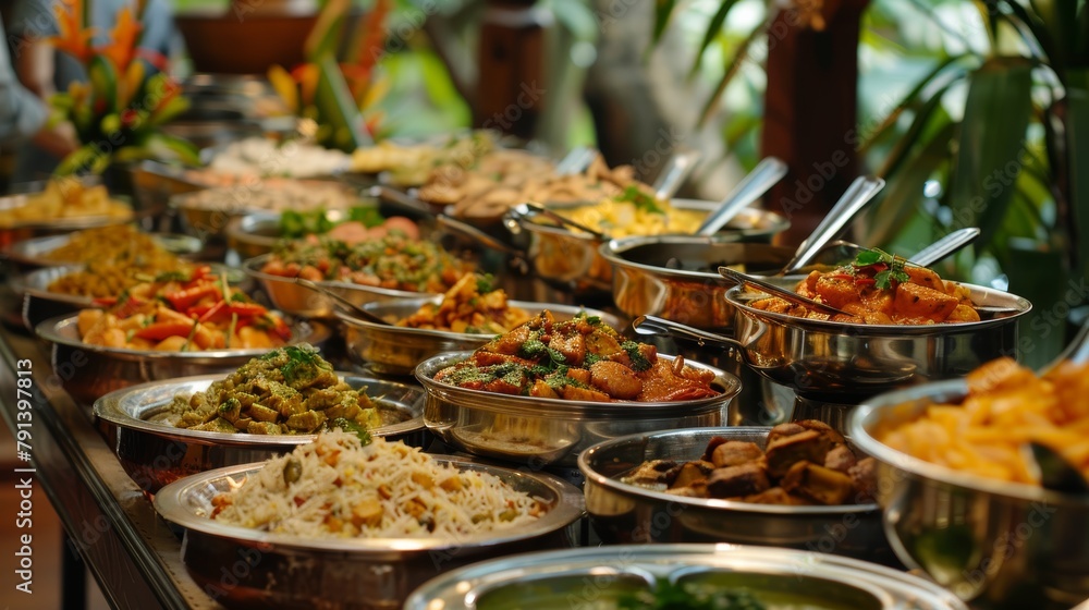 Close-up on a glossy, well-organized Indian buffet counter in a tropical setting, displaying an assortment of delicious, traditional meals