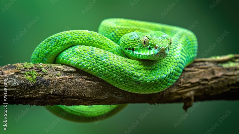 Obraz premium Vibrant Green Snake Coiled on a Branch in Natural Habitat