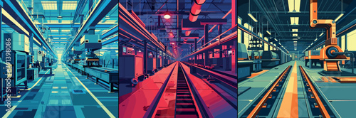 Factory production line interior cartoon concepts. Empty automated modern heavy machining yard color bright vector illustrations