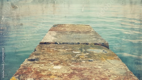 Close-up of aged concrete pier in a quiet harbor, textured details highlighted, calm sea in the background photo