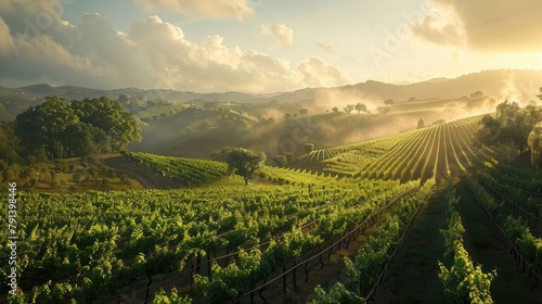 A tranquil vineyard bathed in the soft glow of morning light, its neat rows of grapevines stretching across rolling hillsides blanketed in mist, offering a serene oasis for wine enthusiasts to savor  photo