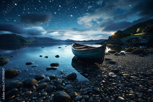 Quiet night with lake and boats