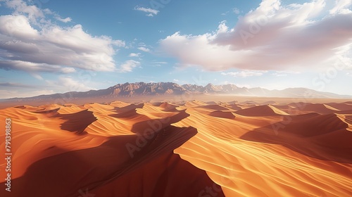 A vast desert landscape painted in hues of orange and gold, with towering sand dunes sculpted by the winds of time, 