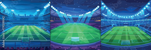 Football arena panoramic cartoon illustrations. Empty sports soccer field gates stands spotlights starry evening sky stadium, bright vector concepts