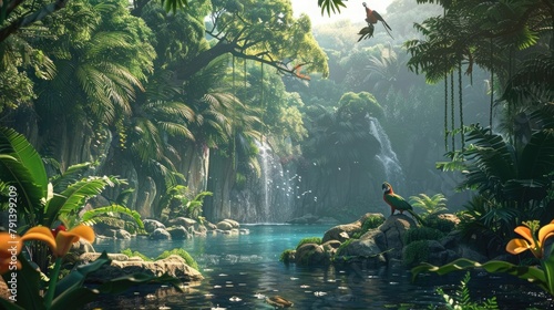 A verdant tropical rainforest teeming with life, its dense canopy alive with the chatter of exotic birds and the rustle of unseen creatures,  photo