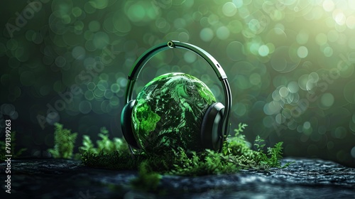 world music day. green planet in headphones listening to music photo