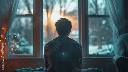 A man is sitting in front of a window, looking out at the sunset