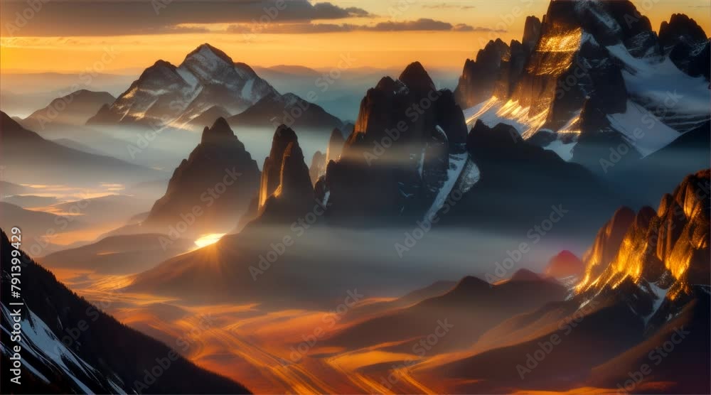 Mountain Sunrise: A serene morning scene with fog-covered peaks and a golden sunrise casting its glow over the landscape Mountain Sunrise: A serene morning scene with fog-covered peaks and a golden sunrise casting its glow over the landscape