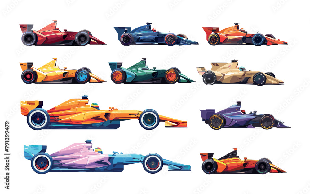 Naklejka premium Formula 1 bolid cartoon vector set. Royal racing four wheeled vehicle hyperfast road competitions championship supercar, illustrations isolated on white background