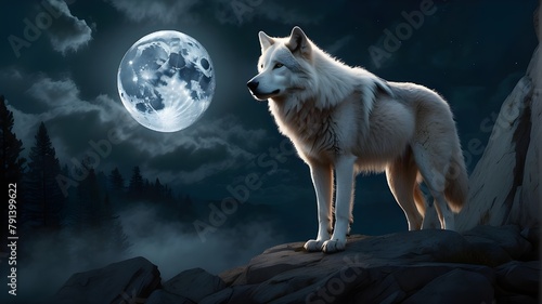 Digital illustration of a majestic white wolf standing on a rocky cliff, its head thrown back in a haunting howl under the luminous glow of the full moon. The illustration should capture the ethereal 