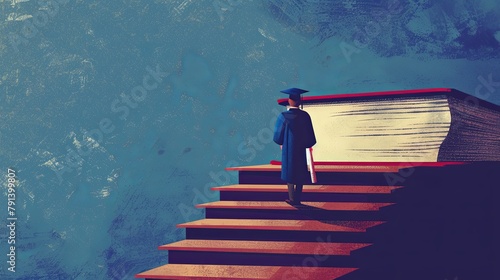 student graduate climbs the stairs from books, blue background