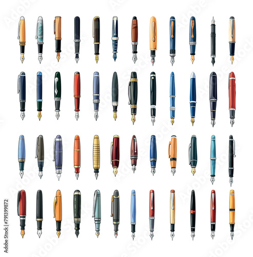 Fountain pens cartoon vector set. Ink writing sketching handwriting calligraphy accessories retro wealth style vintage device, illustrations isolated on white background