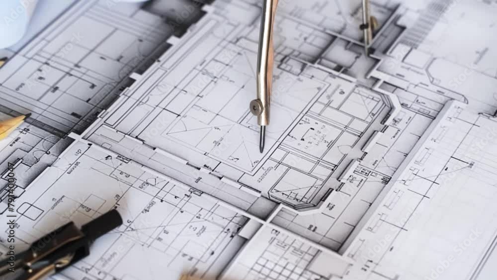 Architectural engineering design plan drawing on the table. Architect's work on table in studio. Construction design and plan Architectural engineering design plan drawing on the table. Architect's work on table in studio. Construction design and plan