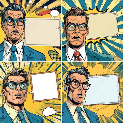 Frightened business man pop art vector posters. Chief empty speech text banner pay attention jacket suit glasses tie accessories boss character, retro splendid concepts