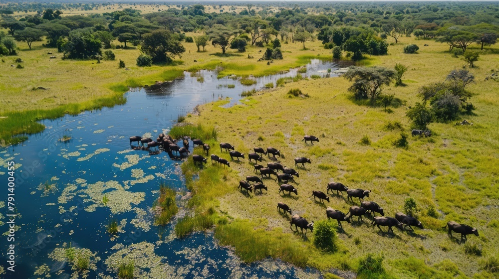 High aerial view of a large herd of buffalo in rainy season drinking water.