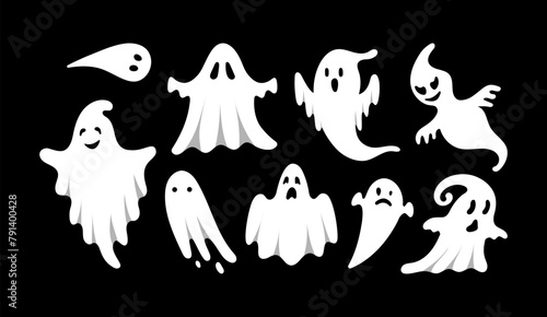 Cute Halloween Ghosts Set. Hand drawn spooky flying spirits collection. Cartoon funny ghost isolated on black background. Vector simple halloween horror characters. Creepy Halloween party costume.