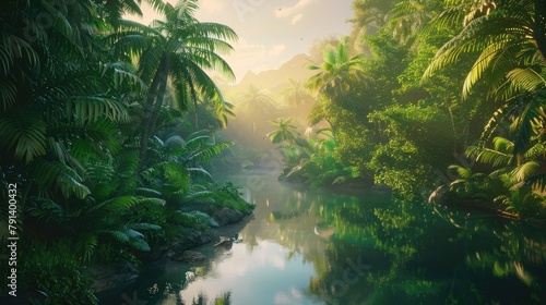 A winding river snaking through a lush tropical jungle, its tranquil waters reflecting the vibrant hues of the surrounding foliage as exotic birds flit  photo