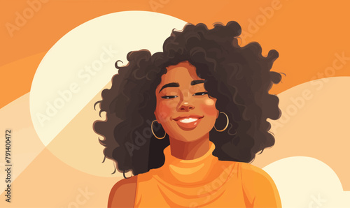 A woman with a big afro is smiling and wearing an orange shirt