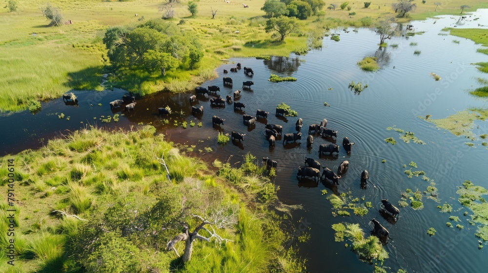 Buffalo in aerial landscape in Okavango delta, Botswana. Lakes and rivers, view from airplane. Green vegetation in South Africa. Trees with water in rainy season. Herd of animals. 