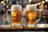 Two mugs of beer on a wooden table in a pub