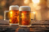Two mugs of beer on a wooden table with bokeh background