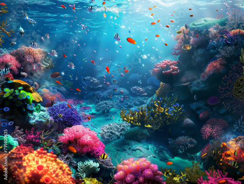 Coral reef and fish under the sun