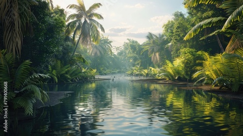 A winding river snaking through a lush tropical jungle, its tranquil waters reflecting the vibrant hues of the surrounding foliage as exotic birds flit  photo