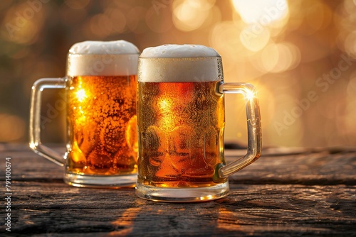 Two mugs of beer on a wooden table with bokeh background