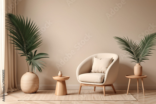 Warm neutral interior wall mockup in soft minimalist living room with rounded beige armchair  wooden side table and palm leaf in vase. Illustration  3d rendering.