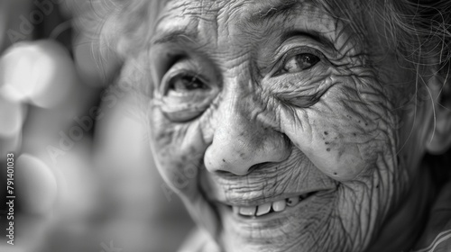 With each smile the delicate folds of her laughter lines only grow more prominent revealing years of laughter and joy. .