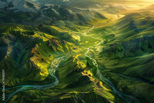 A breathtaking aerial view reveals a vast landscape adorned with nature's grandeur. Rolling hills stretch out like waves of emerald velvet, kissed by the golden hues of the setting sun. 