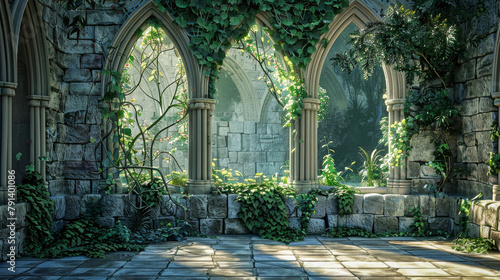 Beautiful ancient stone arches with ivy and vines