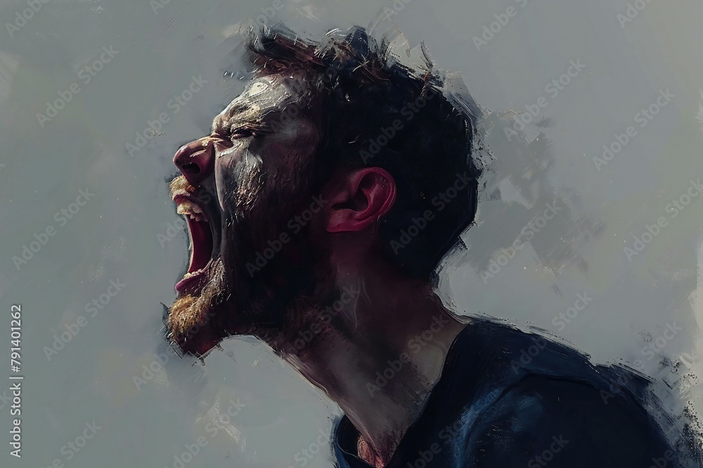 Digital painting of a scary zombie man with blood dripping from his mouth