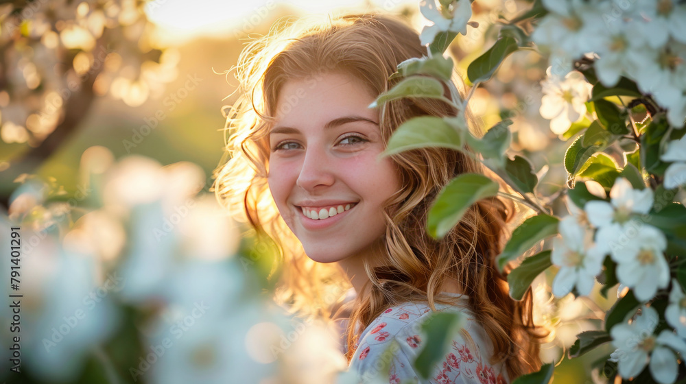 Portrait of a young woman among white apple flowers Portrait of a young woman among white apple flowers